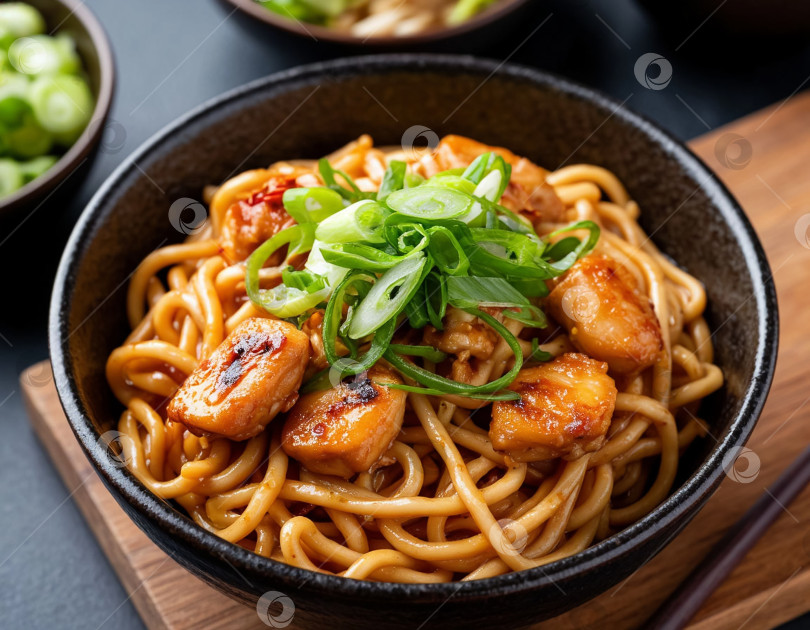 Скачать Японское блюдо - лапша якибоса с мясом, созданное искусственным интеллектом. фотосток Ozero