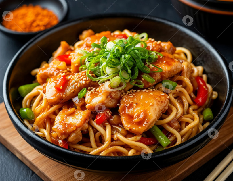 Скачать Японское блюдо - лапша якибоса с мясом, созданное искусственным интеллектом. фотосток Ozero