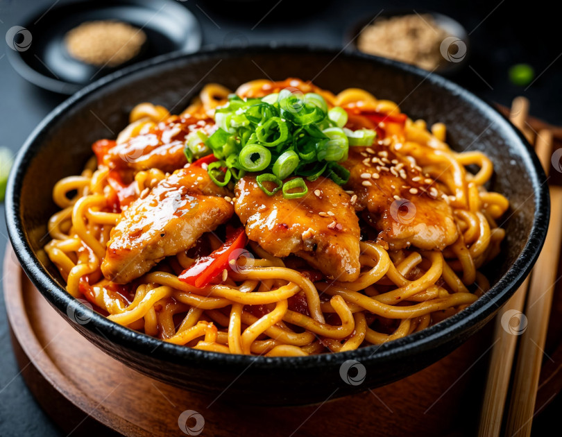 Скачать Японское блюдо - лапша якибоса с мясом, созданное искусственным интеллектом. фотосток Ozero