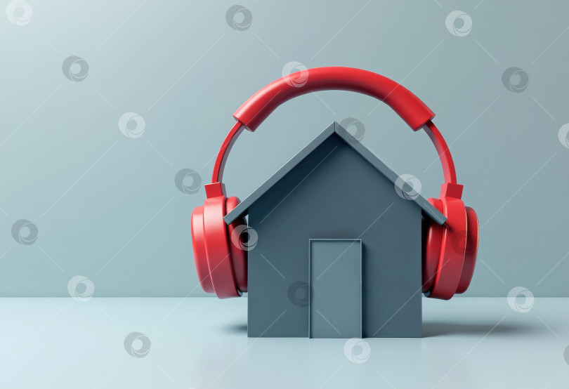 Скачать Концепция домашнего звучания House with headphones, звукоизоляция на сером фоне фотосток Ozero