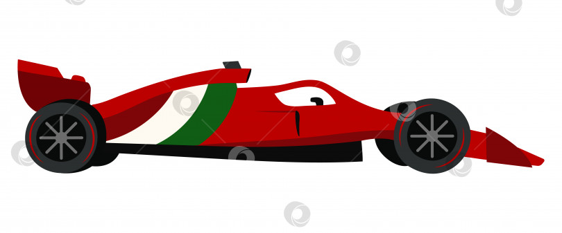 Скачать Спортивный красный автомобиль Формулы-1, вид сбоку. Гоночный автомобиль с итальянским флагом. Вождение на высокой скорости. изолированный объект. Вектор фотосток Ozero
