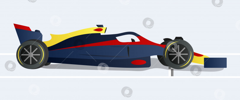 Скачать Темно-синий спортивный автомобиль побеждает на трассе Формулы-1. Машина пересекает финишную черту. Победа в Гран-при. Вид сбоку. Градиент фотосток Ozero