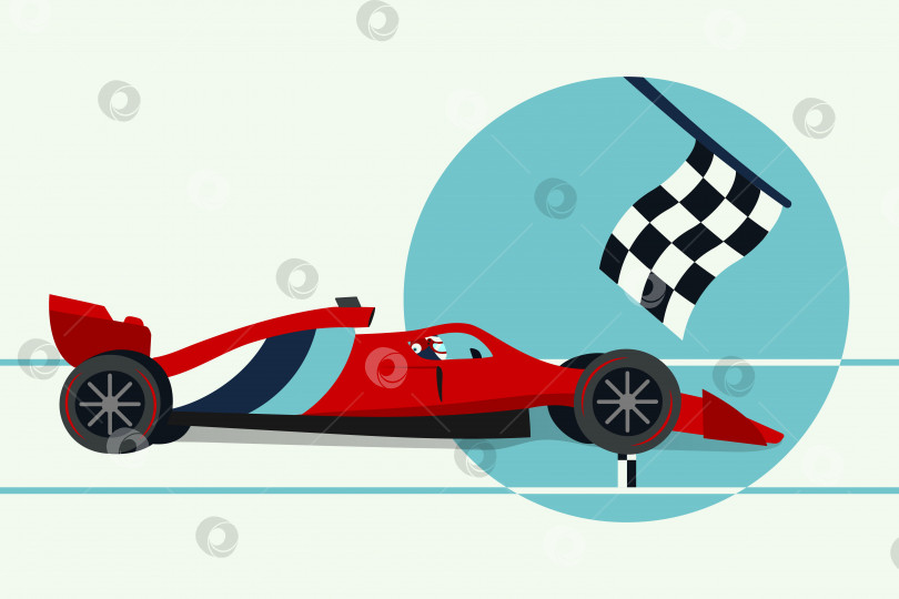 Скачать Красный гоночный автомобиль выигрывает гонку Формулы-1. Вид сбоку на быстрый автомобиль с полосами. Клетчатый флаг и финишная черта. Вектор. фотосток Ozero