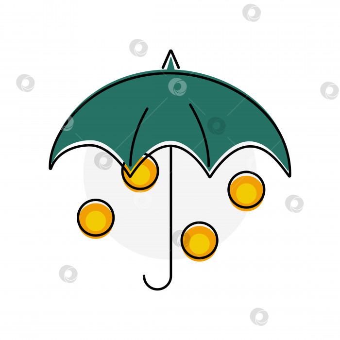 Скачать Зеленый зонтик защищает монеты. Значок или логотип службы страхования денег и кредитов. Падающие монеты. Финансы. фотосток Ozero