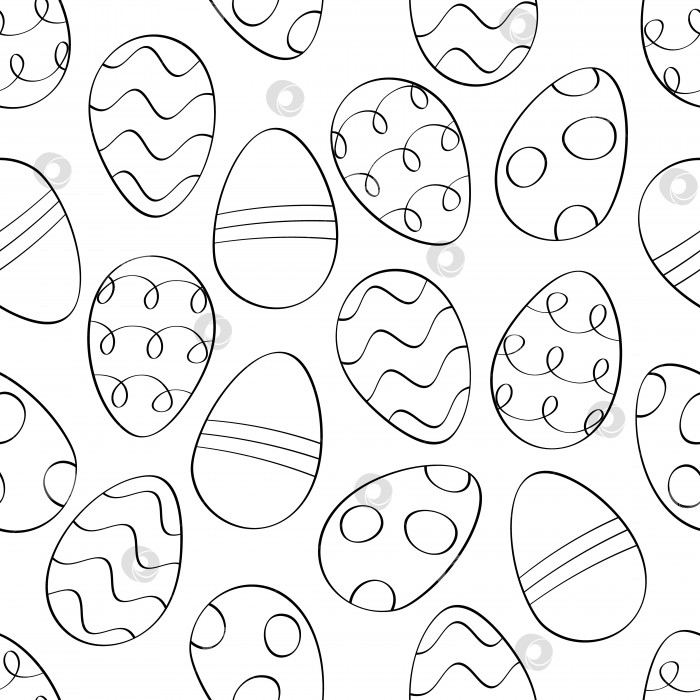 Скачать Пасхальные яйца с контурным рисунком. Бесшовный узор на белом фоне. Разбросанные яйца. Контур без цвета. Вектор фотосток Ozero