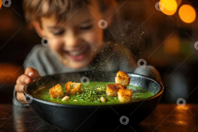 Скачать Радостный ребенок наслаждается вкуснейшим египетским зеленым супом с гренками, демонстрируя теплоту домашней кухни и концепцию здорового питания фотосток Ozero
