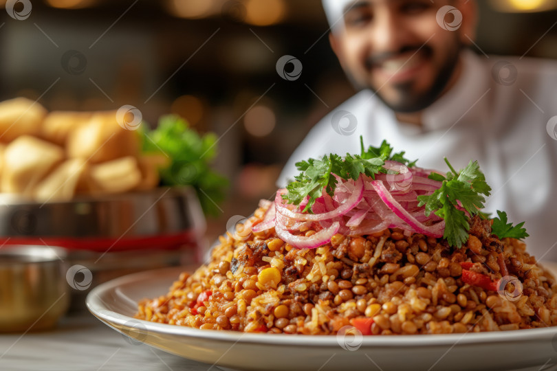 Скачать Блюдо египетской кухни с ароматной чечевицей, специями и свежей зеленью подается на тарелке с улыбающимся шеф-поваром на заднем плане, концепция здорового питания фотосток Ozero