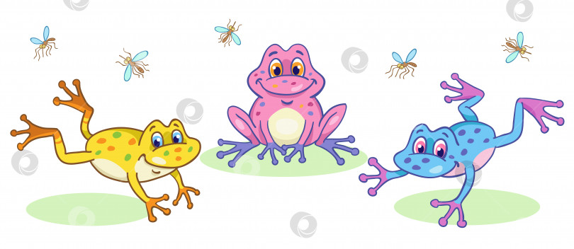 Скачать Три разноцветные лягушки в мультяшном стиле сидят и прыгают фотосток Ozero