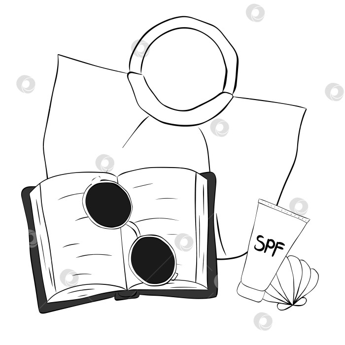 Скачать Пляжная сумка, книга, солнцезащитные очки, SPF-крем, композиция из ракушек. Векторная графика line ink - Пляжные принадлежности для идеального дня на солнце. Пляжные принадлежности для путешествий на лето. фотосток Ozero
