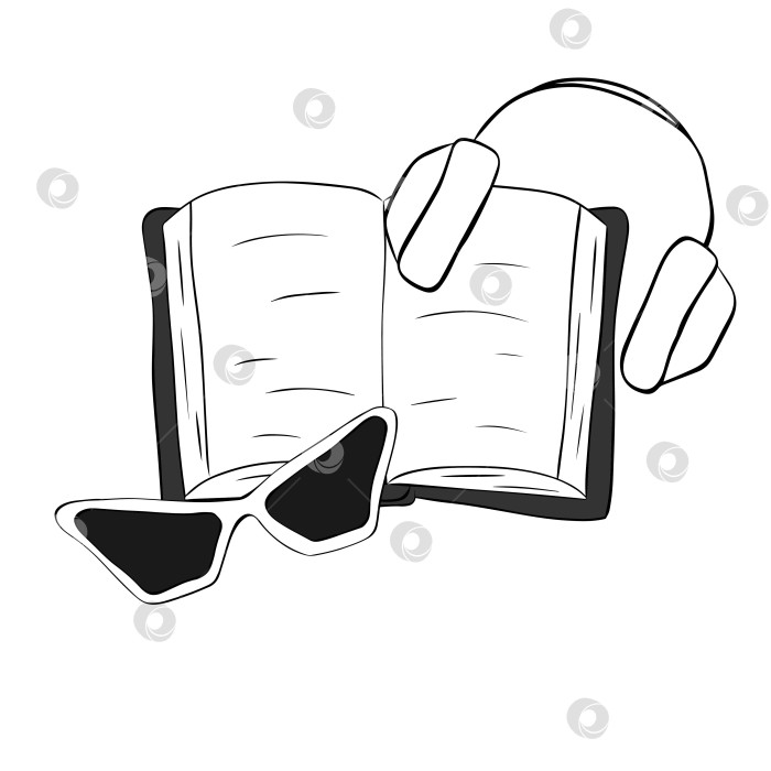 Скачать Аксессуары для пляжного отдыха. Композиция из книг, солнцезащитных очков, наушников. Векторная графическая иллюстрация тушью на белом фоне. Женская коллекция. Книжка-раскраска. Идея для веб-дизайна, книг. фотосток Ozero