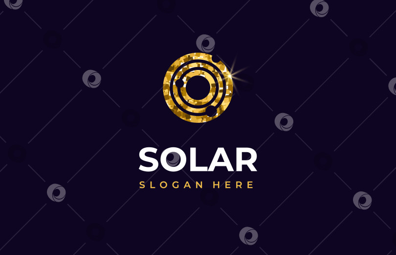Скачать Креативный современный концептуальный дизайн логотипа Solar golden glitter премиум-класса. Орбиты планет в круглой иконке для логотипа IT, концептуальный дизайн от space exploration, астрология. Векторная иллюстрация фотосток Ozero