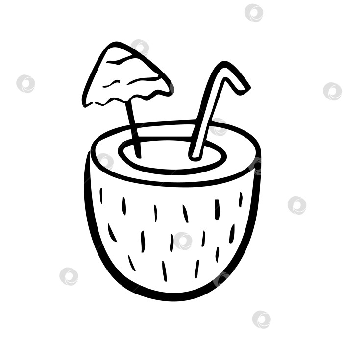 Скачать Кокосовый напиток с соломинкой и зонтиком, нарисованный вручную. Коктейльный рисунок черными чернилами. Элемент летнего рисунка фотосток Ozero