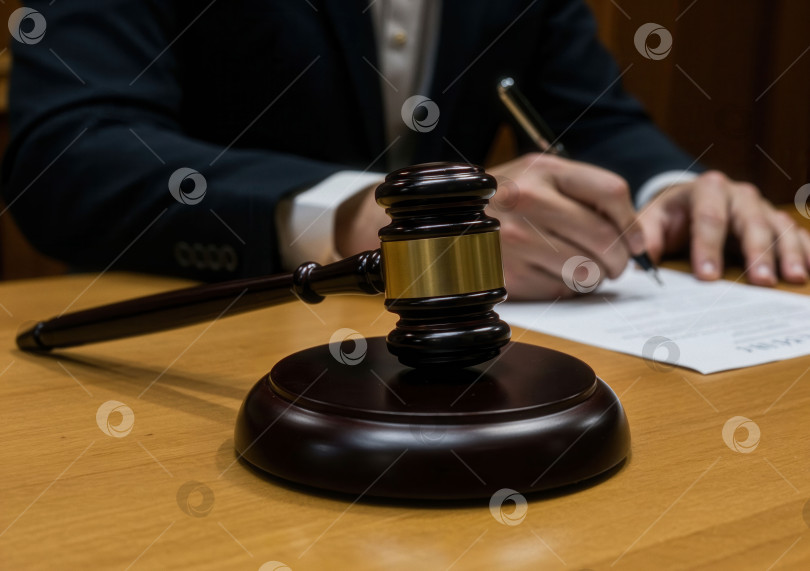 Скачать В зале суда судьба решается, когда судья выносит приговор с помощью церемониального молотка правосудия фотосток Ozero