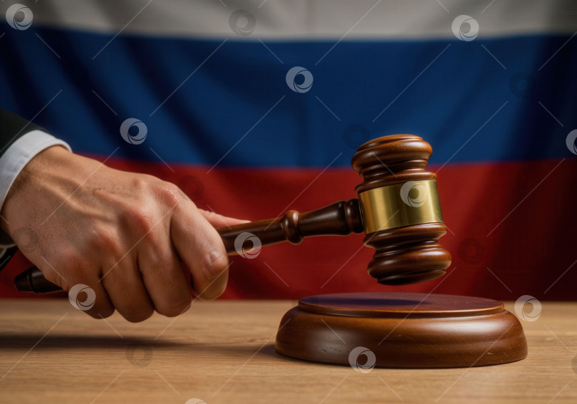 Скачать Рука с судейским  молотком решает судьбы в зале суда на фоне российского флага фотосток Ozero