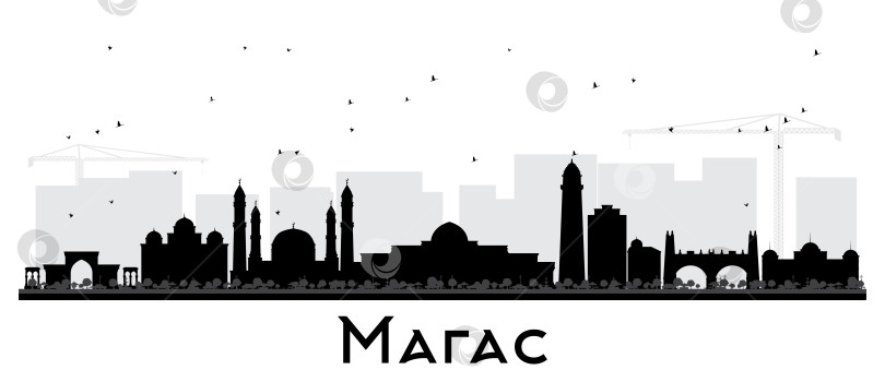 Скачать Силуэт российского города Магас на горизонте с черными зданиями, выделяющимися на белом фоне. Городской пейзаж Магаса с достопримечательностями. Концепция деловых поездок и туризма с современной и исторической архитектурой. фотосток Ozero