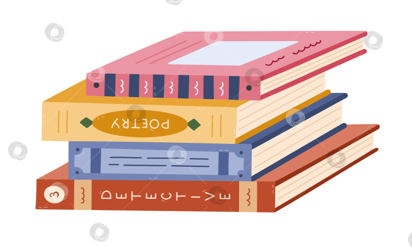 Скачать Симпатичная мультяшная стопка книг, лежащих на поверхности. Симпатичная стопка различной литературы, поэтический сборник, детективный сериал. Красочный библиотечный, читальный, образовательный клипарт, выделенный на белом фоне. фотосток Ozero