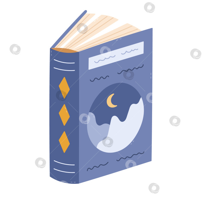 Скачать Милая мультяшная стоячая книга с приоткрытой обложкой, на которой изображены луна и горы. Симпатичная художественная литература, записная книжка, фантастические рассказы, нарисованные от руки. Чтение, знания, концепция книжного червя. фотосток Ozero