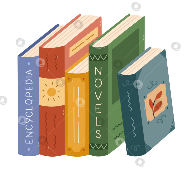 Скачать Милые книжки-карикатуры в твердом переплете разных жанров, стоящие вертикально. Забавная литература, энциклопедии, романы с разными обложками. Клипарты для чтения, учебы, отдыха, выделенные на заднем плане. фотосток Ozero