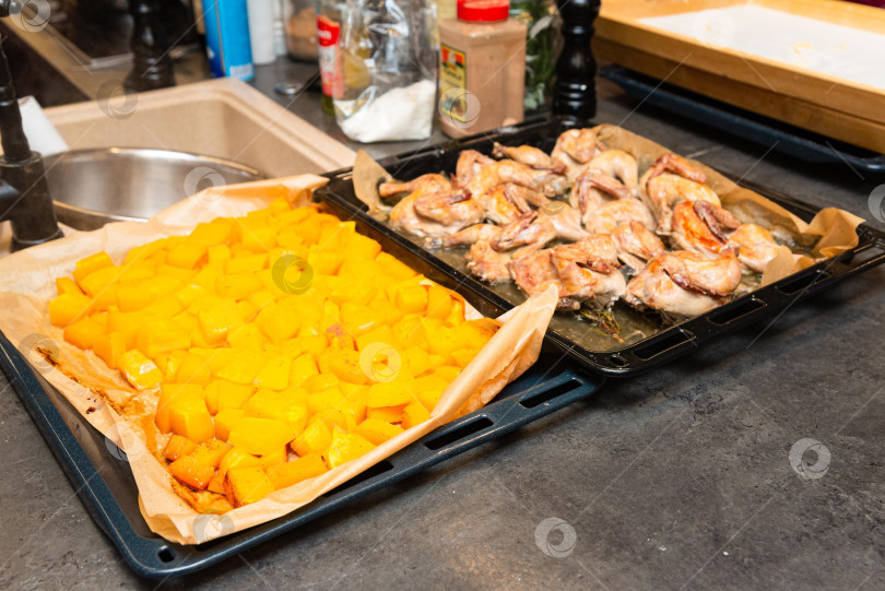 Скачать Запеченную курицу и тыкву выложите на противни для запекания. фотосток Ozero