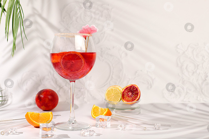 Скачать Королевский коктейль aperol sprits с кровавым апельсином, кубиками льда, ромом и текилой. Концепция летней вечеринки и отдыха в ресторане. Баннер с бокалами алкогольных напитков и тропическими фруктами. Меню для бара или кафе. фотосток Ozero