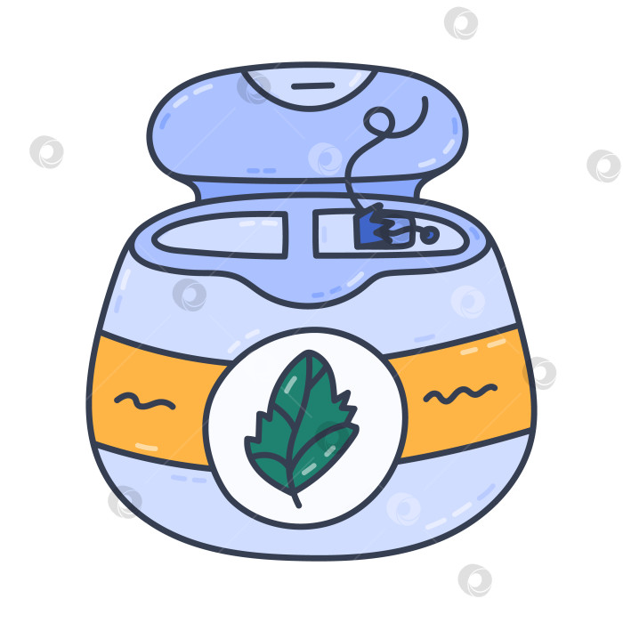 Скачать Забавная красочная зубная нить doodle в открытом круглом футляре со вкусом мяты. Симпатичный, нарисованный от руки контейнер с зубной нитью и этикеткой для чистки межзубных промежутков. На белом фоне выделены медицинские и стоматологические инструменты. фотосток Ozero