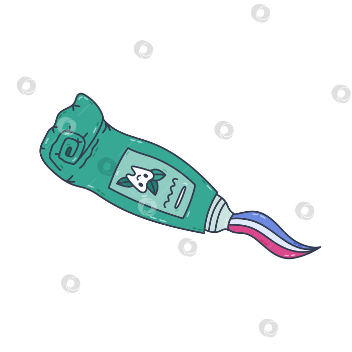 Скачать Тюбик зубной пасты Lovely line с мультяшным рисунком и выдавленной из него пастой со вкусом мяты. На этикетке нарисована использованная открытая зубная паста с улыбающимися зубами и листьями. Рисунок ухода за зубами на белом фоне фотосток Ozero