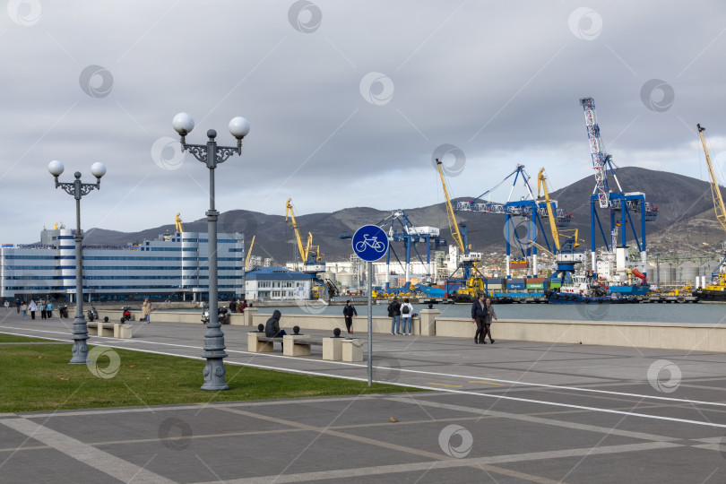 Скачать Новороссийск, Россия, 18.08.2023. Портовые краны, Черное море, порт, Краснодарский край, Новороссийск фотосток Ozero