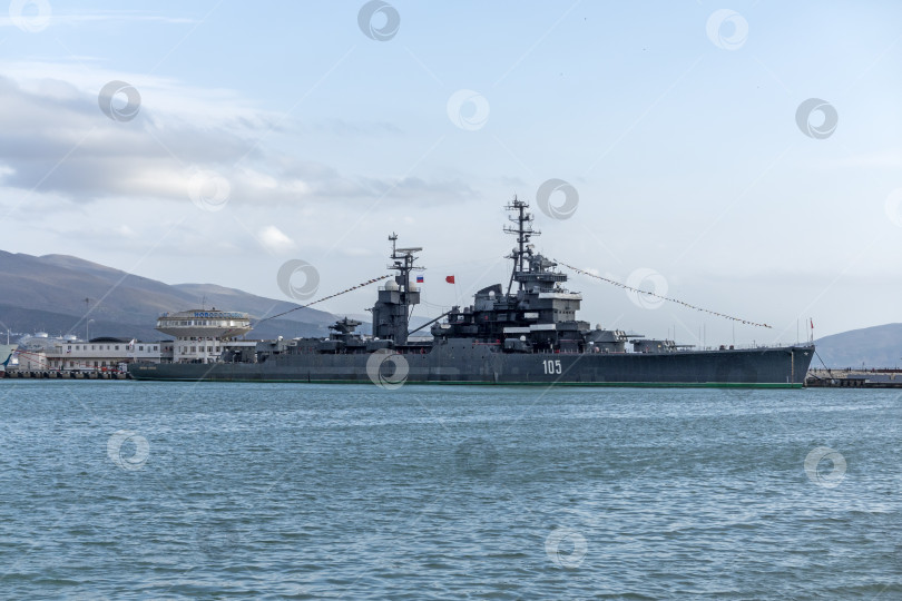 Скачать Новороссийск, Россия - 18 августа 2023 года. Крейсер "Михаил Кутузов" и дельфины, Черное море, порт, Краснодарский край, Новороссийск. фотосток Ozero