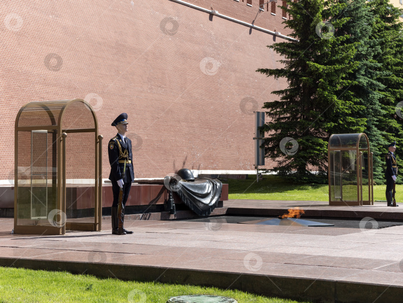 Скачать МОСКВА, РОССИЯ - 20 апреля: Военные стоят в караульной будке в карауле в честь могилы Неизвестного солдата и Вечного огня 20 апреля 2019 года в Москве. фотосток Ozero