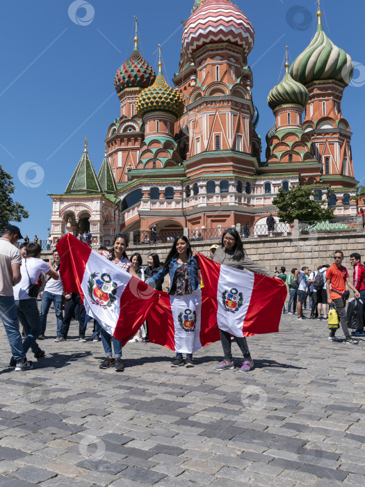 Скачать МОСКВА - 20 июня 2018 года: Фанаты Чемпионата мира по футболу в Перу с флагами и в своих типичных костюмах на улицах 20 июня 2018 года в Москве, Россия. фотосток Ozero