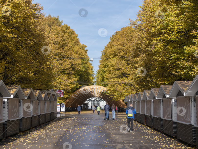 Скачать МОСКВА, РОССИЯ - 7 мая 2022 года, парк Сокольники, солнечный осенний день, деревянная арка фотосток Ozero