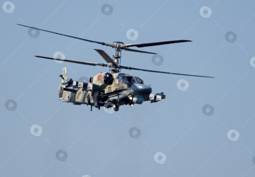 Скачать ЖУКОВСКИЙ, РОССИЯ - 25 июля 2021 года: Демонстрация ударного вертолета Ка-52 "Аллигатор" ВВС России на МАКС-2021, Россия фотосток Ozero