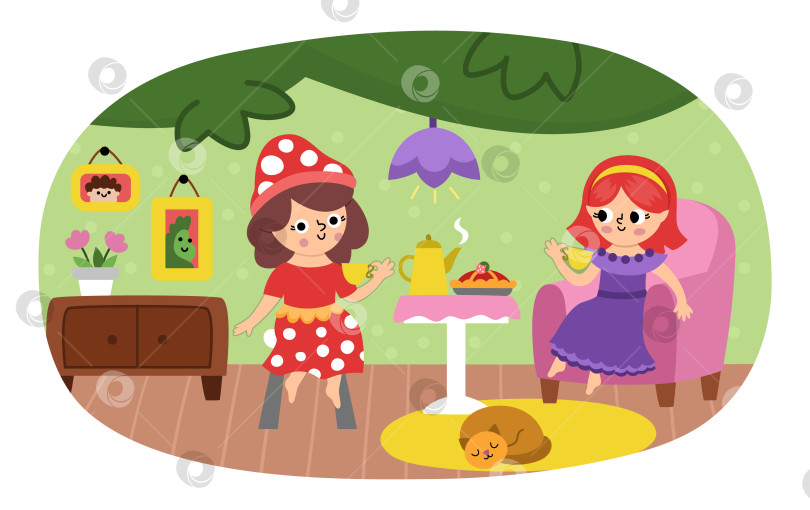 Скачать Векторная сцена с феями, пьющими чай. Забавная композиция с девочками. Милый пейзаж с волшебной принцессой, беседующей в уютном домике на дереве. Иллюстрация к фэнтезийной сцене. Сказочная картинка для детей фотосток Ozero