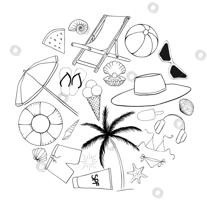 Скачать Композиция Sea beach essentials circle round. Векторная графическая иллюстрация тушью. Баннер, плакат, оберточная бумага, наклейка, принт, современный текстильный дизайн. фотосток Ozero