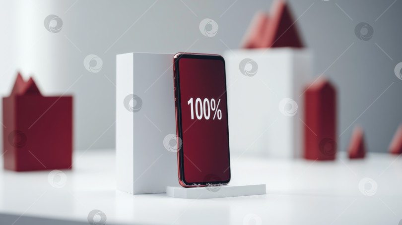 Скачать Дисплей для зарядки смартфона с красным значком батареи на белой подставке в современном помещении фотосток Ozero