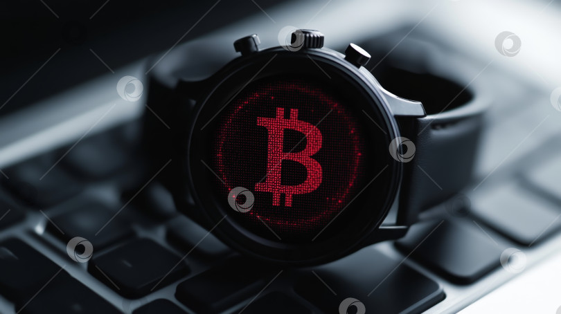 Скачать Умные часы, отображающие логотип Bitcoin на клавиатуре ноутбука в современном рабочем пространстве фотосток Ozero