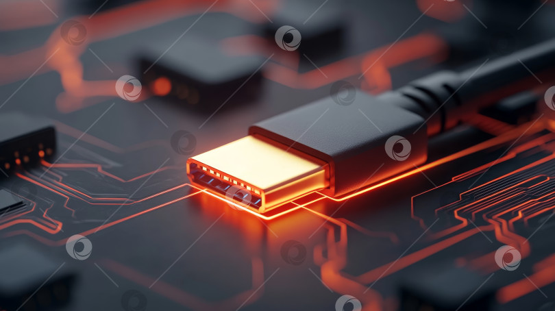 Скачать USB-разъем, окруженный узорами на печатной плате со светящимися лампочками в темноте, демонстрирует современные технологии фотосток Ozero