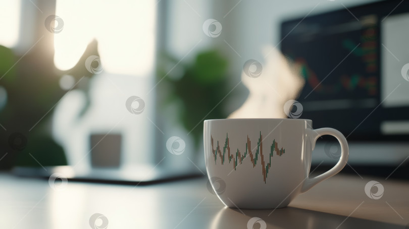 Скачать Чашка кофе с паром в современном офисном помещении, финансовые графики на заднем плане в ранние утренние часы фотосток Ozero