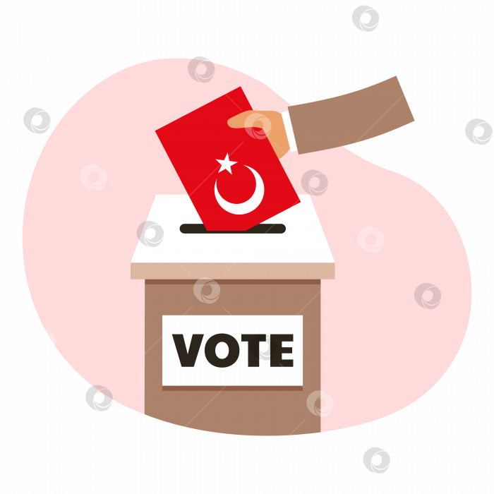 Скачать Президентские выборы в Турции в 2023 году. Голосование. Флаг Турции. Рука опускает бюллетень в урну. фотосток Ozero