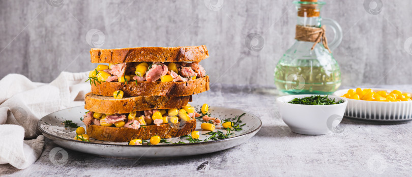 Скачать Вкусные бутерброды с тунцом, кукурузой и зеленью на зерновом хлебе - веб-баннер фотосток Ozero