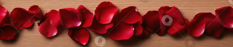 Скачать Лепестки красных роз, рассыпанные по деревянной поверхности, создают романтический или естественный декор фотосток Ozero