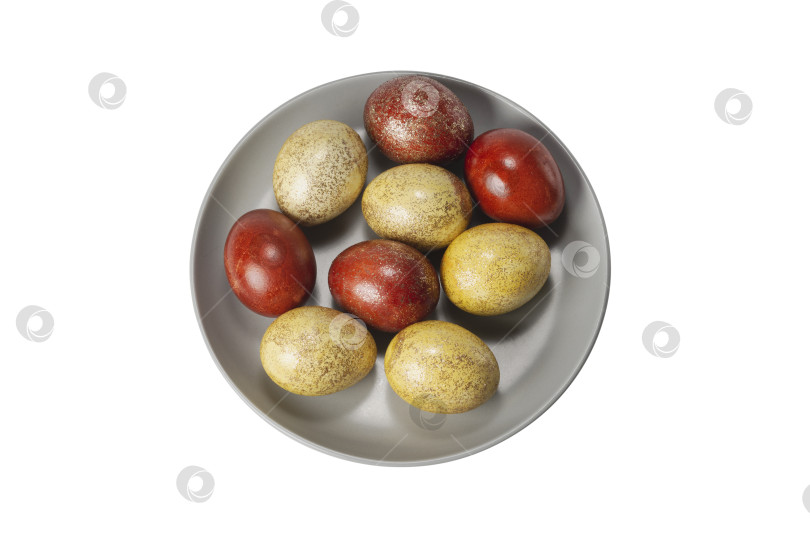 Скачать Красные и желтые куриные яйца с блестками на сером блюде. Пасхальные крашеные яйца. Куриное яйцо с блестками. Традиционное христианское блюдо на Пасху. Вид сверху фотосток Ozero