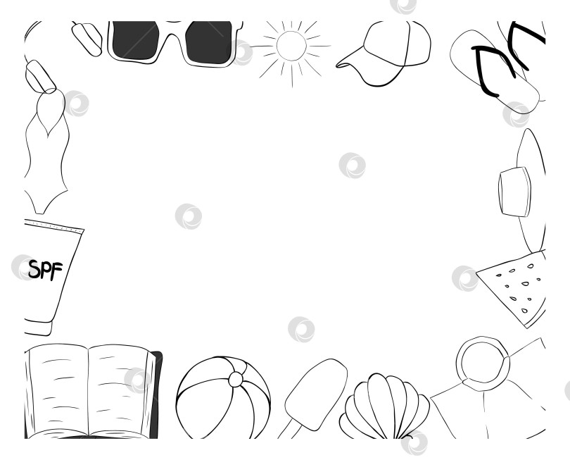 Скачать Шаблон прямоугольной рамки Beach essentials для текста. Векторная графика, линейная иллюстрация чернилами. Для плаката об отпуске, приглашения на пляжную вечеринку, фона, рекламы, рекламной акции, печати на футболке фотосток Ozero