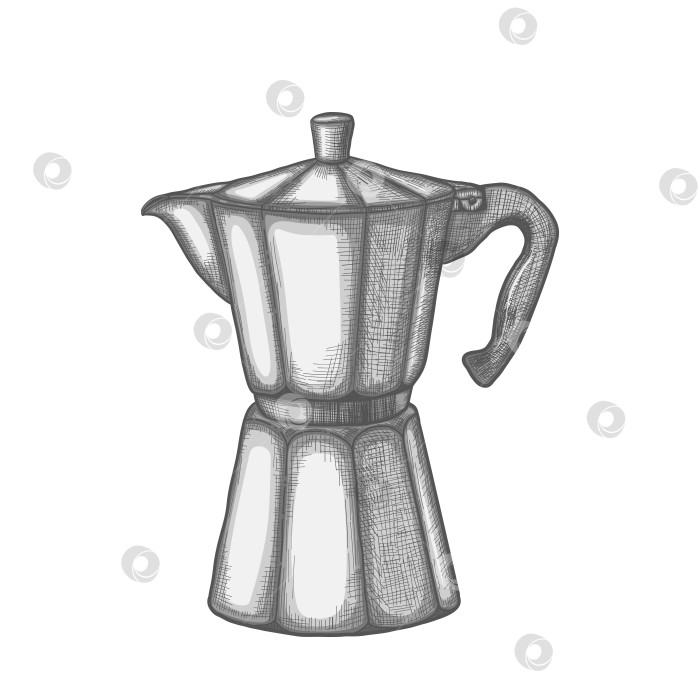 Скачать Винтажный кофейник moka с ручной росписью, выполненный в технике штриховки. Кофейник для эспрессо. Культовая итальянская гейзерная кофеварка. Кухонное оборудование. Для меню кафе, упаковки, кулинарной тематики. Векторная иллюстрация. фотосток Ozero