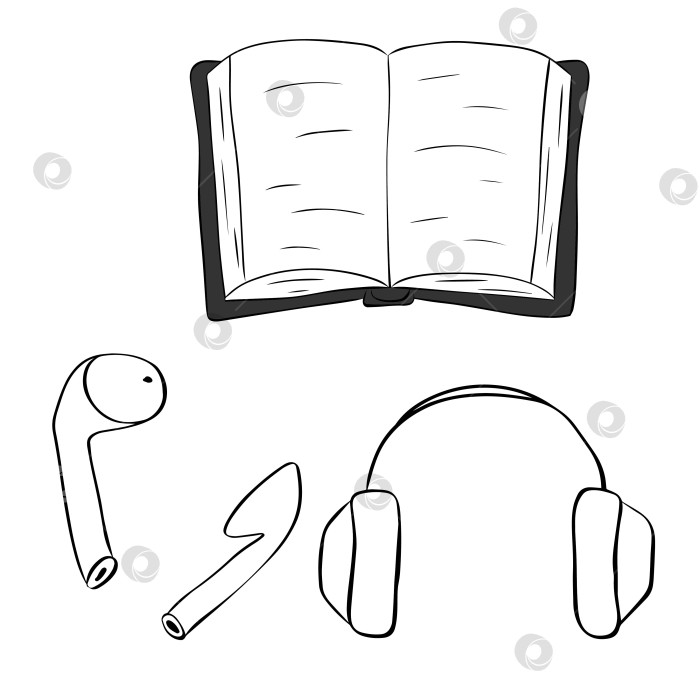 Скачать Набор иллюстраций с изображением открытой книги и наушников для прослушивания аудиокниг. Векторная графическая линия, выделенная чернилами. Для логотипа, веб-сайта, упаковки, наклейки. фотосток Ozero