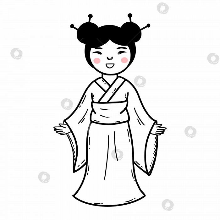 Скачать Японская девушка в кимоно. Красивая женщина в традиционном наряде. Японская культура. Векторная иллюстрация каракулей. Набросок. фотосток Ozero