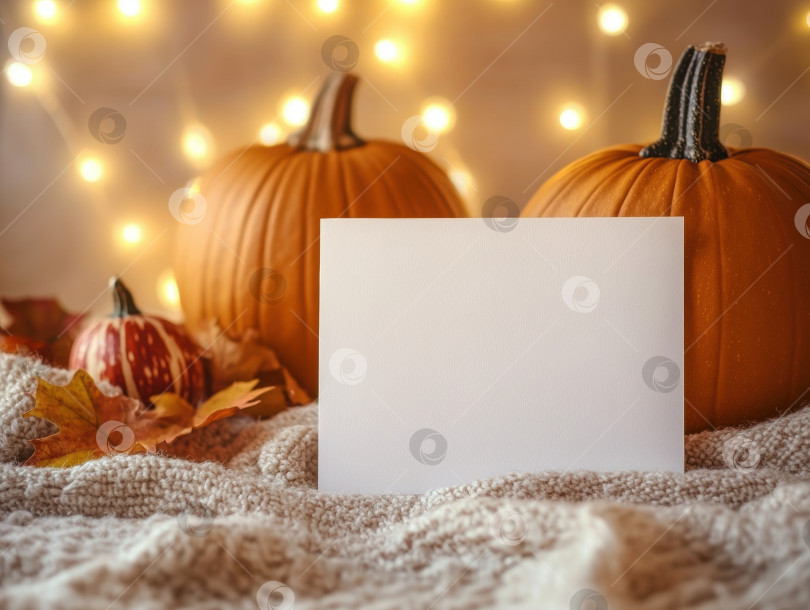 Скачать Осенний макет поздравительной открытки с тыквами и уютным декором для создания сезонного дизайна фотосток Ozero