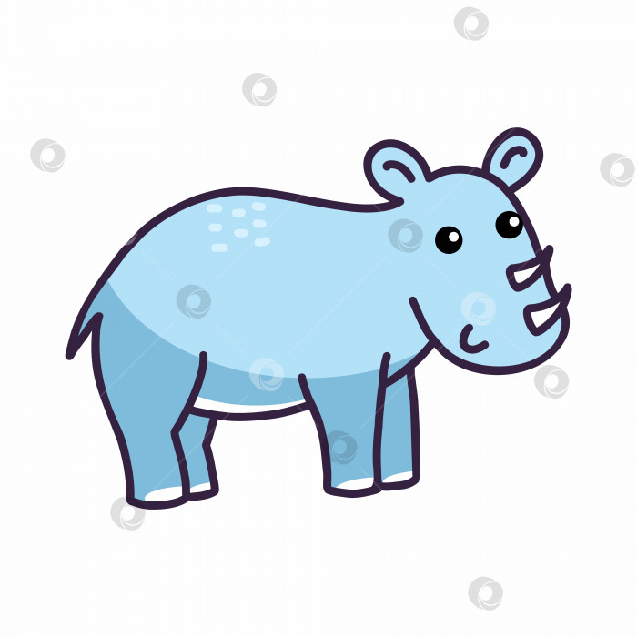 Скачать Милый голубой носорог.  Африканское животное. Векторная иллюстрация для детей. Наклейка, нарисованная от руки. фотосток Ozero