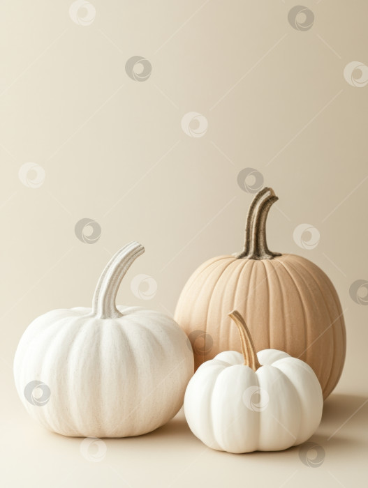 Скачать Элегантная осенняя композиция с тремя декоративными тыквами для сезонного декора фотосток Ozero