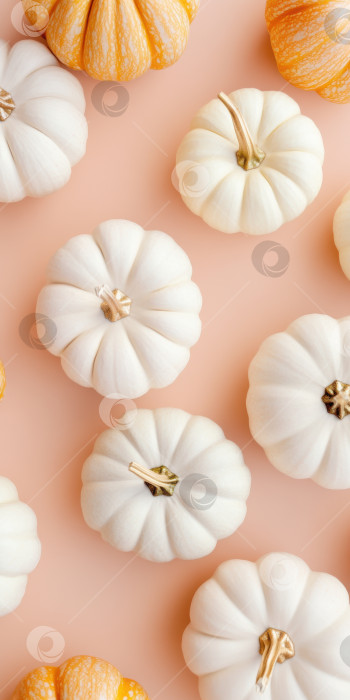 Скачать Элегантные мини-тыквы с золотыми стеблями на персиковом фоне для осеннего декора фотосток Ozero